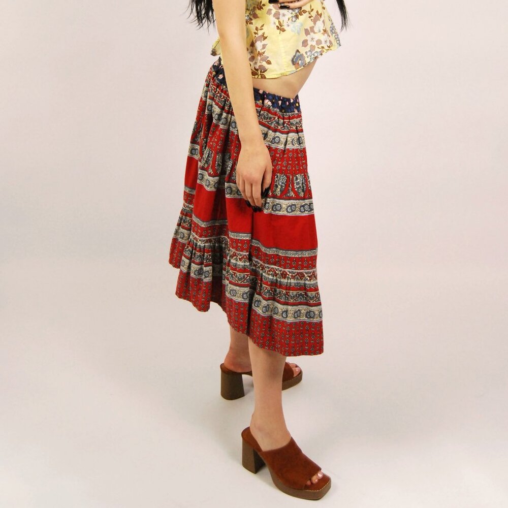 70s Peasant Midi Skirt (M) medium red blue vintage floral print boho hippie cute - Picture 2 of 7